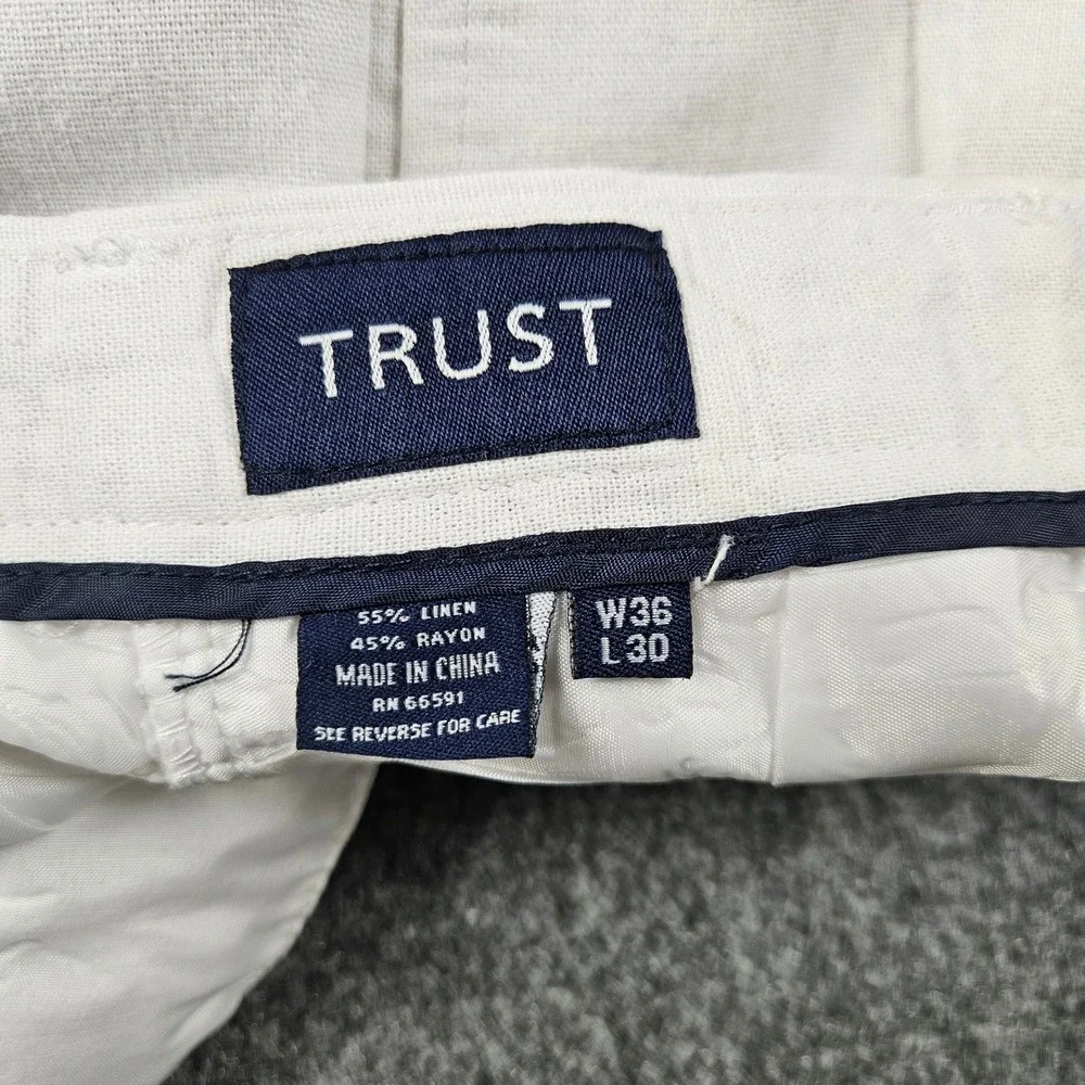 Trust Mens Linen Blend Pleated Cuffed Trousers Off White Cream Actual (34x28)